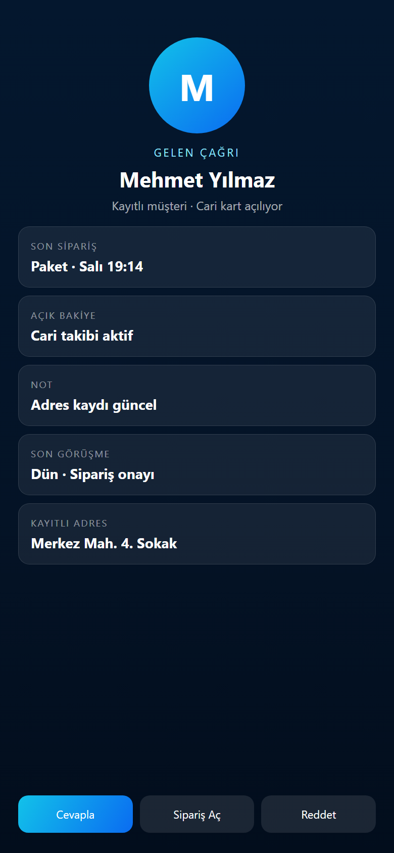 Caller ID müşteri tanıma ekranı