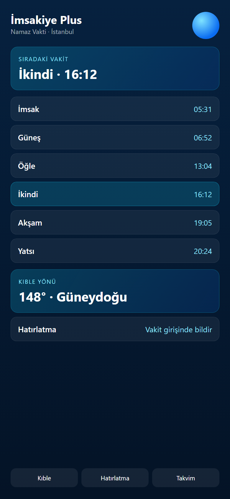 İmsakiye Plus: Namaz Vakti ekranı